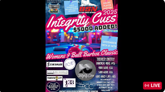 Integrity Cues Women’s 9-Ball Barbox Classic Day 2 live from Bluegrass Billiards | $5,000 Added