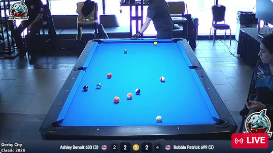 Derby City Classic Day 3 10 am – One Pocket Ashley Benoit vs. Robbie Patrick