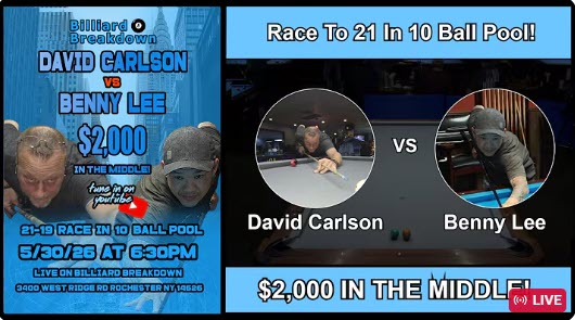 $2,000 IN THE MIDDLE Dave Carlson VS Benny Lee Race To 21 In 10 Ball Pool!