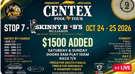 2026 Predator Arcadia CenTex Pool Tour Stop #7 / Live from Skinny Bob’s Billiards